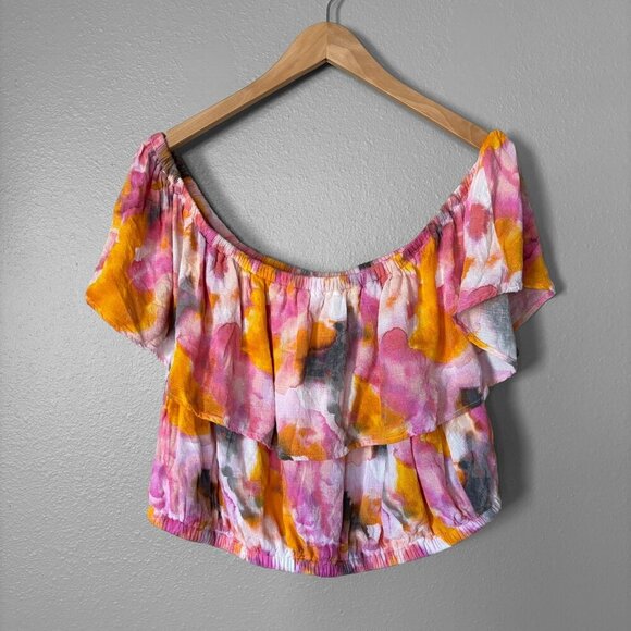 Torrid Multi Watercolor Tie-Dye Off-Shoulder Ruffled Neckline Top Size 2X Boho - Picture 2 of 11